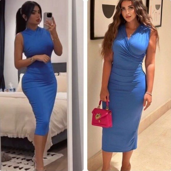 Zara Draped Stretch Midi Dress Blue Size Medium Blogger Fav - Picture 1 of 8